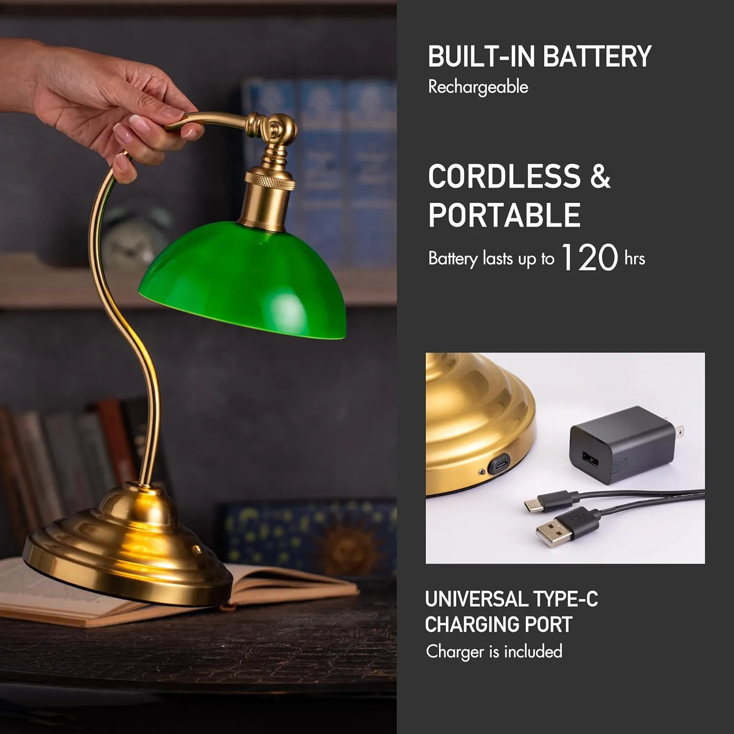 O'Bright Bankers - Cordless LED Table Lamp, Battery-Operated, Rechargeable, 3-Level Dimming, Universal USB-C Charging, 180° Swivel Head, Classic Green Glass Shade, Antique Brass