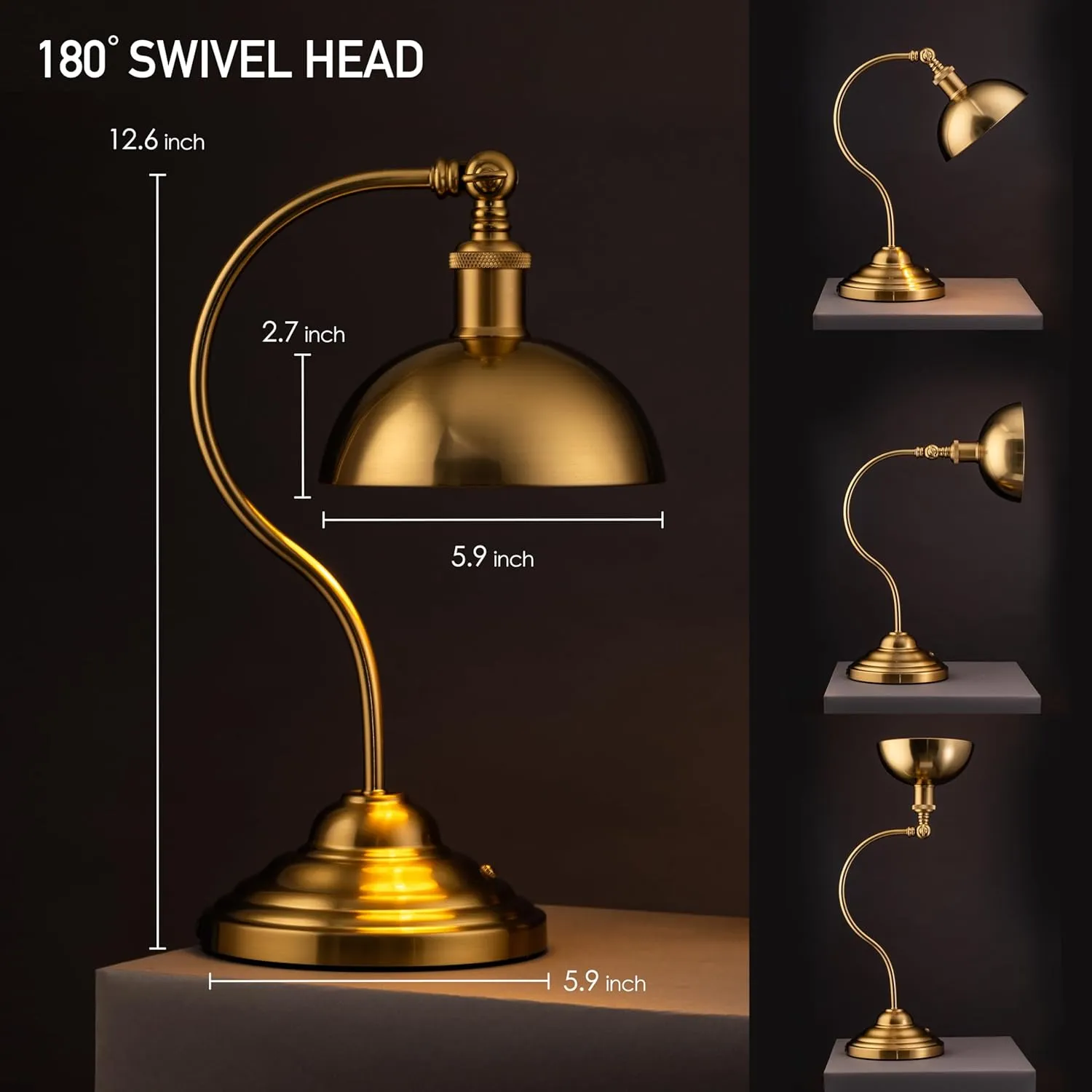 O'Bright Bankers - Cordless LED Table Lamp, Battery-Operated, Rechargeable, 3-Level Dimming, Universal USB-C Charging, 180° Swivel Head, Luxury Metal Shade, Antique Brass