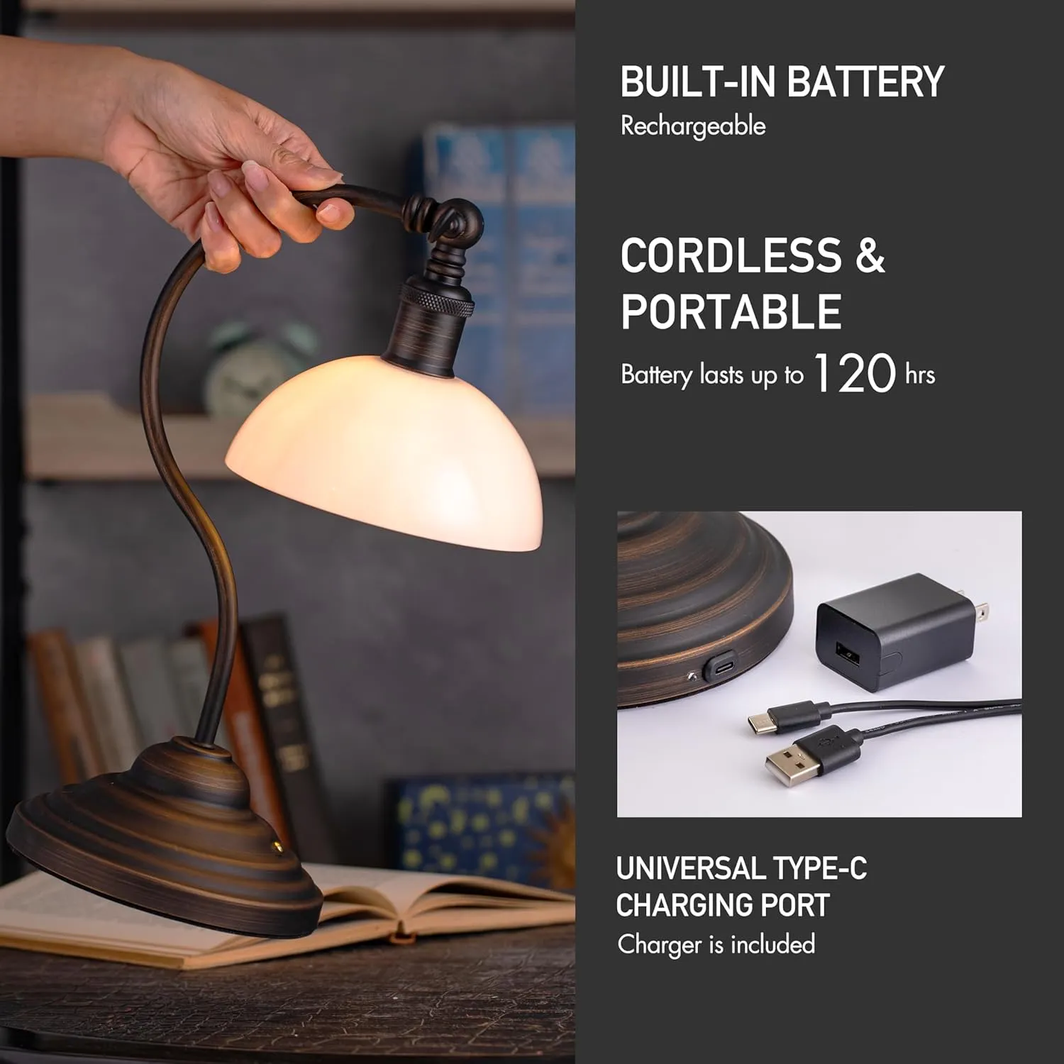 O'Bright Bankers - Cordless LED Table Lamp, Battery-Operated, Rechargeable, 3-Level Dimming, Universal USB-C Charging, 180° Swivel Head, White Jade Glass Shade, Oil Rubbed Bronze