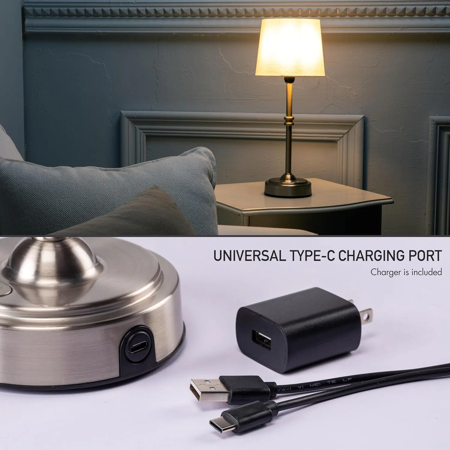 O’Bright Seraph - Cordless LED Table Lamp with Dimmer, Built-in Rechargeable Battery, 3-Level Brightness, Patio Table Lamp, Bedside Night Lamp, Ambient Light for Restaurant, Brushed Nickel