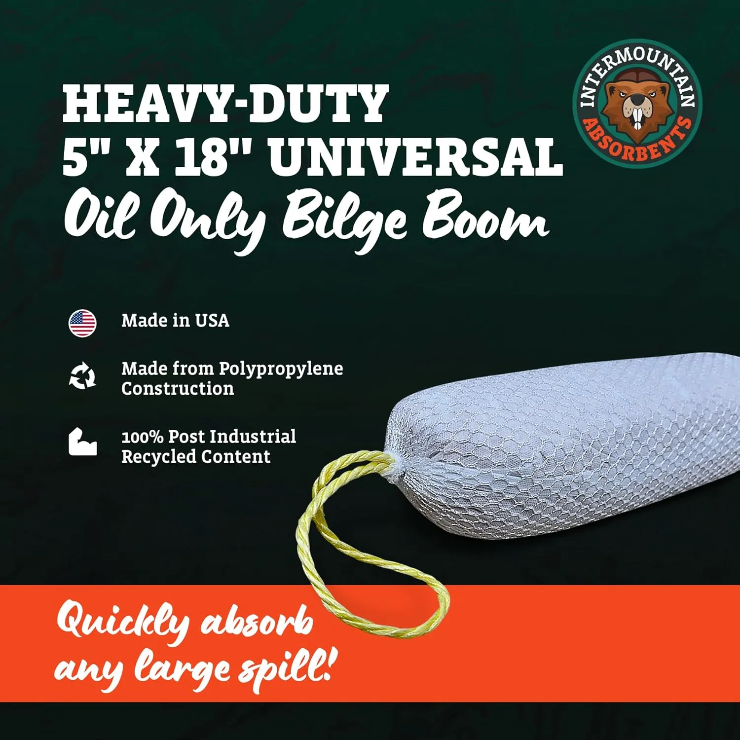 Oil Only Absorbent Boom - 5"x18" Bilge Oil Absorbent Booms, Absorbs Oils Hydrocarbons & Repels Water, Bilge Boom, Sump Basin for Water Deployment (1 Unit Per Case)