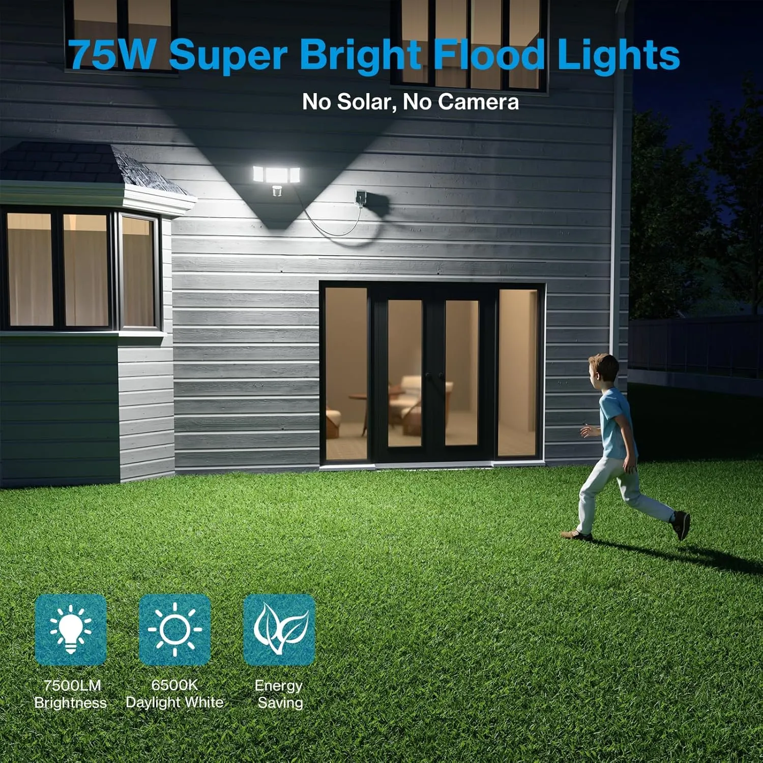 Olafus 75W Motion Sensor Outdoor Light Plug in, Motion Flood Light Dusk to Dawn, 7500LM LED Security Light IP65 Waterproof, Motion Activated 6500K PIR Sensor Lighting for Garage Yard Patio Eave, White