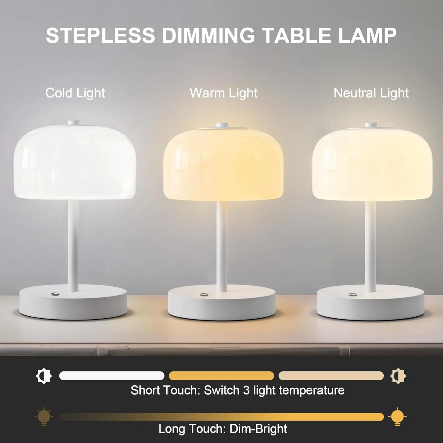 Oneach Portable Cordless Table Lamp, Rechargeable Battery Powered Lamp with Opal Glass Shade, 3-Way Dimmable LED Touch Mushroom Table Lamps for Bedroom, Bedside, Living Room, Dining Room, Patio, White