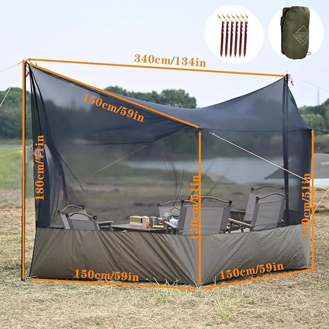 Onewind Camping Tarp Mosquito Net, Camping Bugnet for Tarp Lightweight Hammock Screen House 360 Degree Protection for Camping, Patio, Backyard and Hiking, Backpacking, OD Green