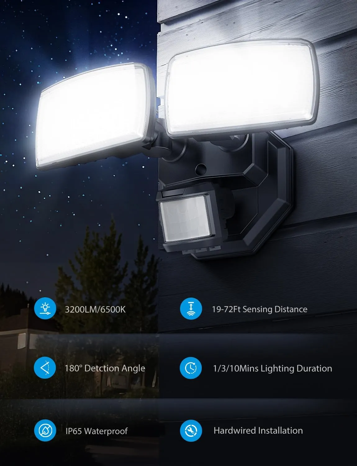 Onforu 32W 2 Head Motion Sensor Outdoor Lights, 3200LM 6500K LED Security Light, Dusk to Dawn, Motion Detector Light for Outside, IP65 Waterproof Flood Lights for Garage, Yard(Black)