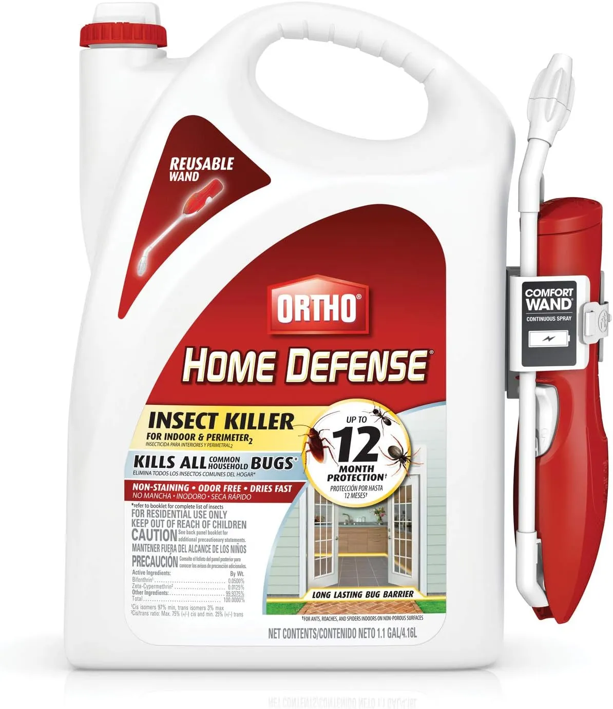 Ortho Home Defense Insect Killer for Indoor & Perimeter2 - With Comfort Wand, Long-Lasting Control, Kills Ants, Cockroaches, Spiders, Fleas & Ticks, Non-Staining, Odor Free, 1.1 gal., 2-Pack