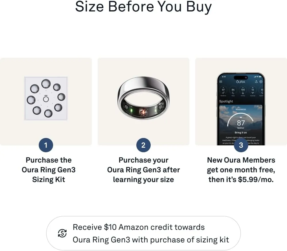 Oura Ring Gen3 Horizon - Silver - Size 6 - Smart Ring - Size First with Oura Ring Gen3 Sizing Kit - Sleep Tracking Wearable - Heart Rate - Fitness Tracker - 5-7 Days Battery Life