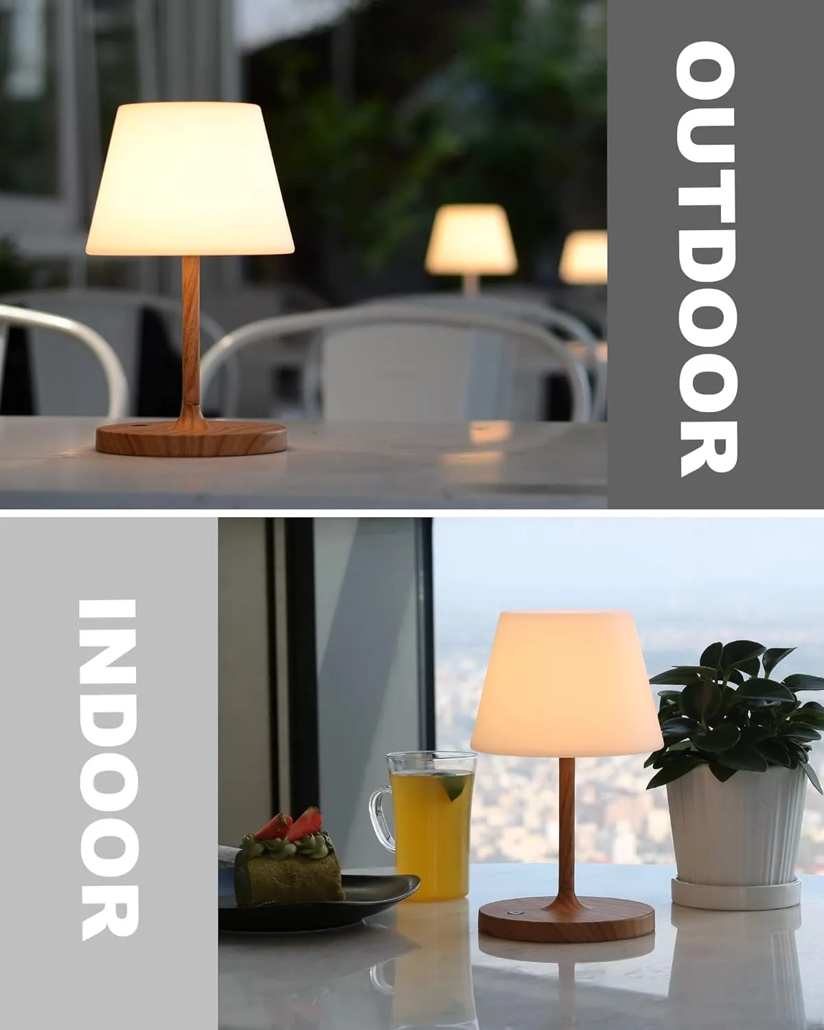 Outdoor Battery Operated Table Lamp Waterproof, 4000mAh Cordless Rechargeable, Touch Dimmable Desk Lamp, LED Night Light for Patio Camping Restaurant Home, H9.6in, Wood Grain