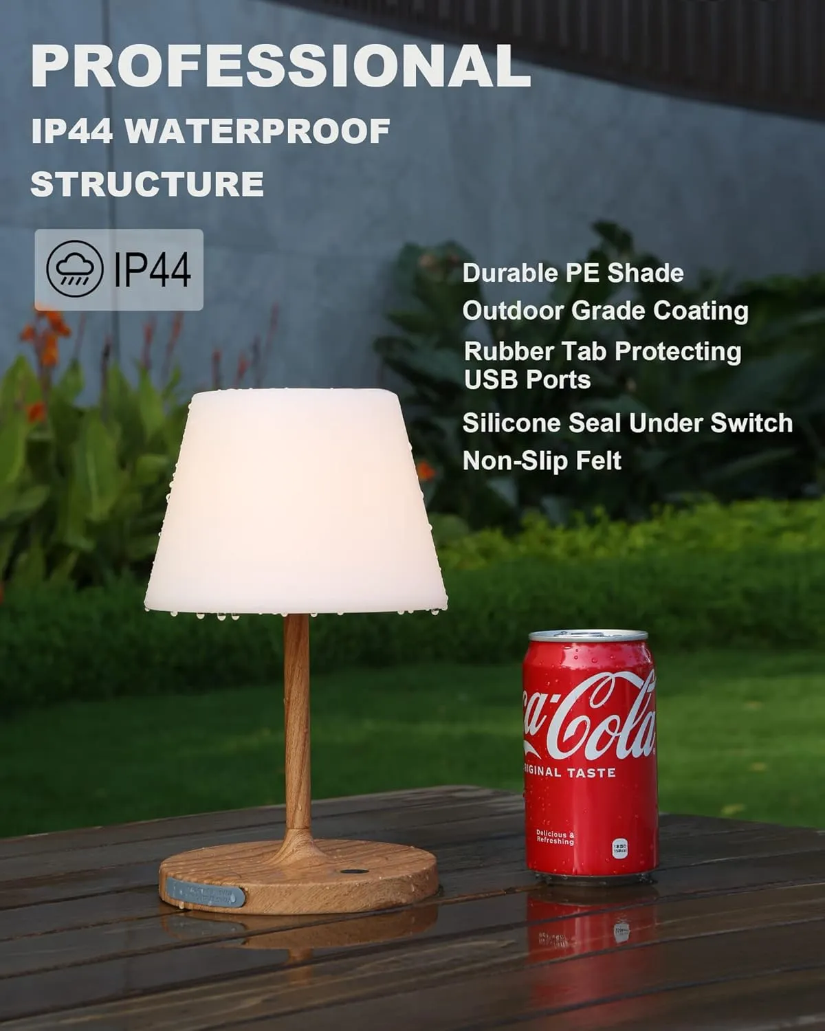 Outdoor Battery Operated Table Lamp Waterproof, 4000mAh Cordless Rechargeable, Touch Dimmable Desk Lamp, LED Night Light for Patio Camping Restaurant Home, H9.6in, Wood Grain
