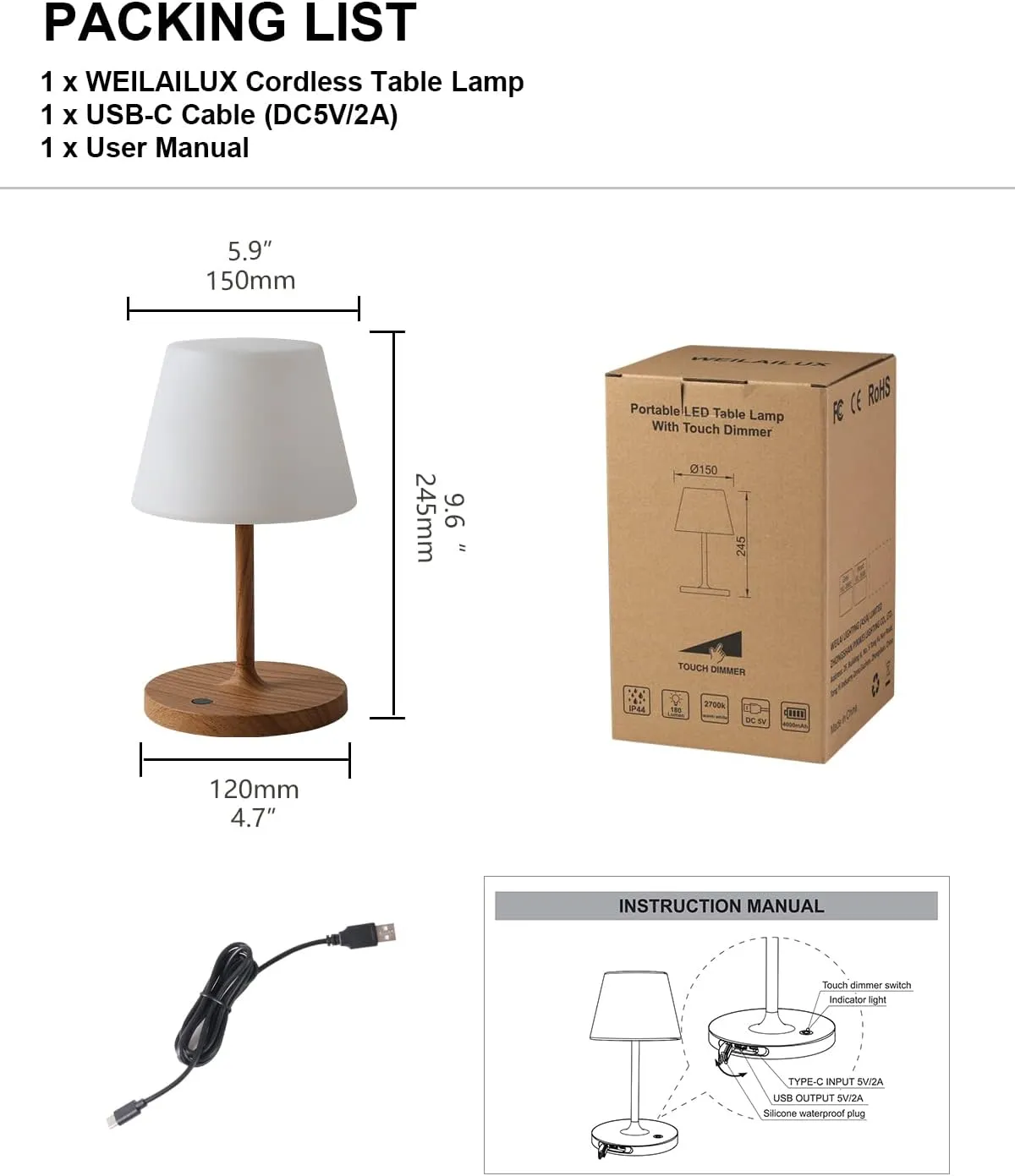 Outdoor Battery Operated Table Lamp Waterproof, 4000mAh Cordless Rechargeable, Touch Dimmable Desk Lamp, LED Night Light for Patio Camping Restaurant Home, H9.6in, Wood Grain