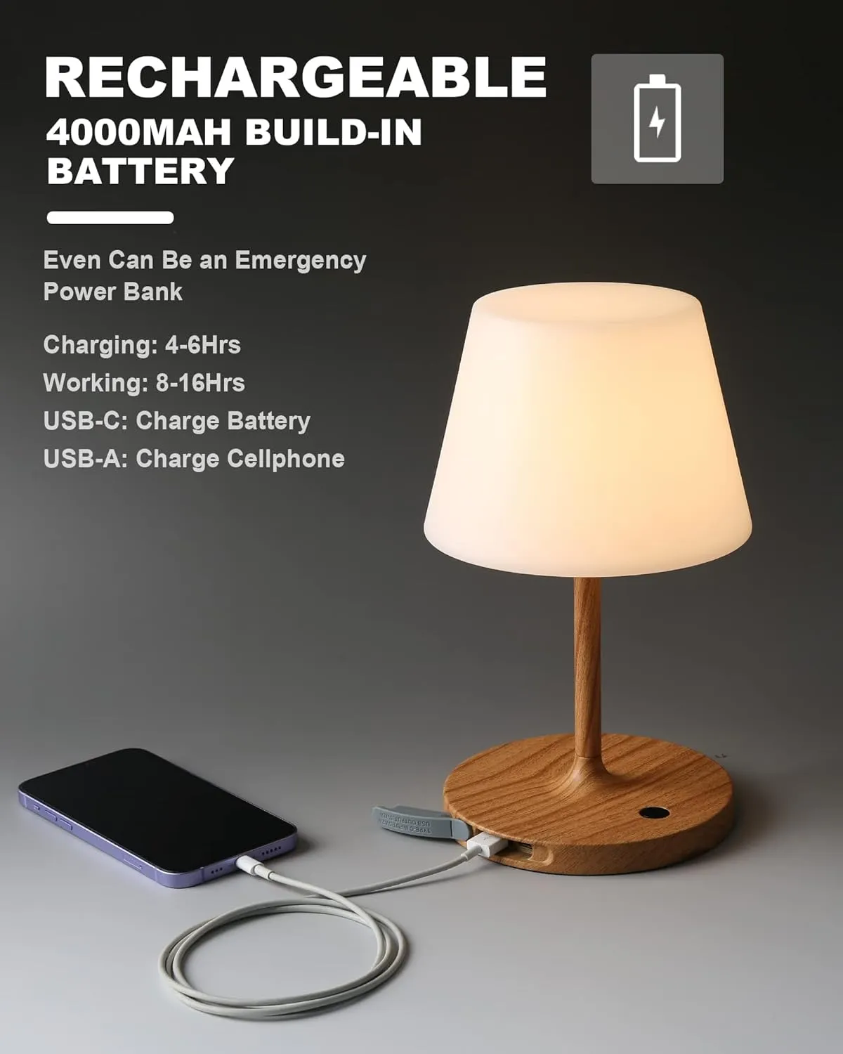 Outdoor Battery Operated Table Lamp Waterproof, 4000mAh Cordless Rechargeable, Touch Dimmable Desk Lamp, LED Night Light for Patio Camping Restaurant Home, H9.6in, Wood Grain