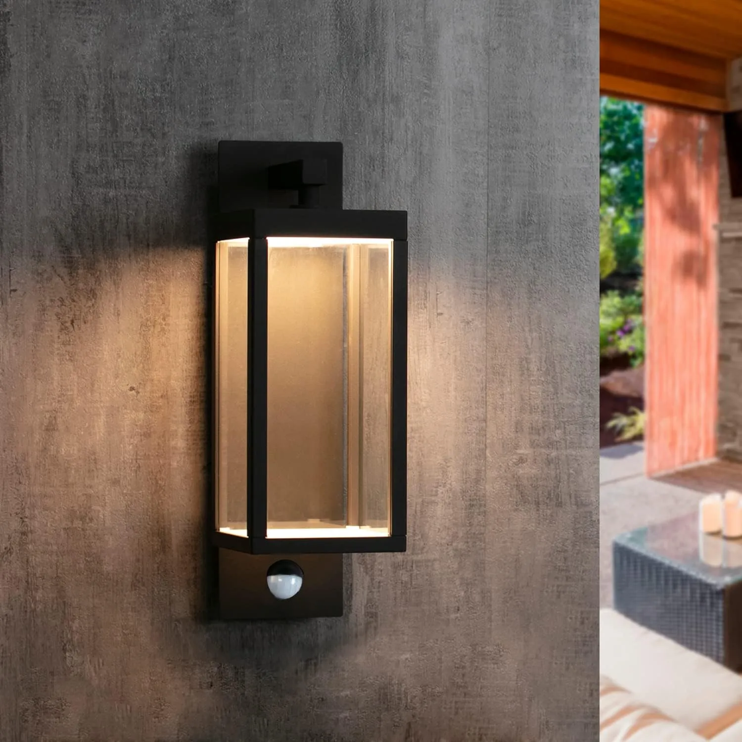 Outdoor Light Wall Sconce Motion Sensor Porch Light for House,15" LED Modern Exterior Lighting Fixture Black,Waterproof Outside Lantern with Clear Glass for Garage Patio Garden,750LM,3000K