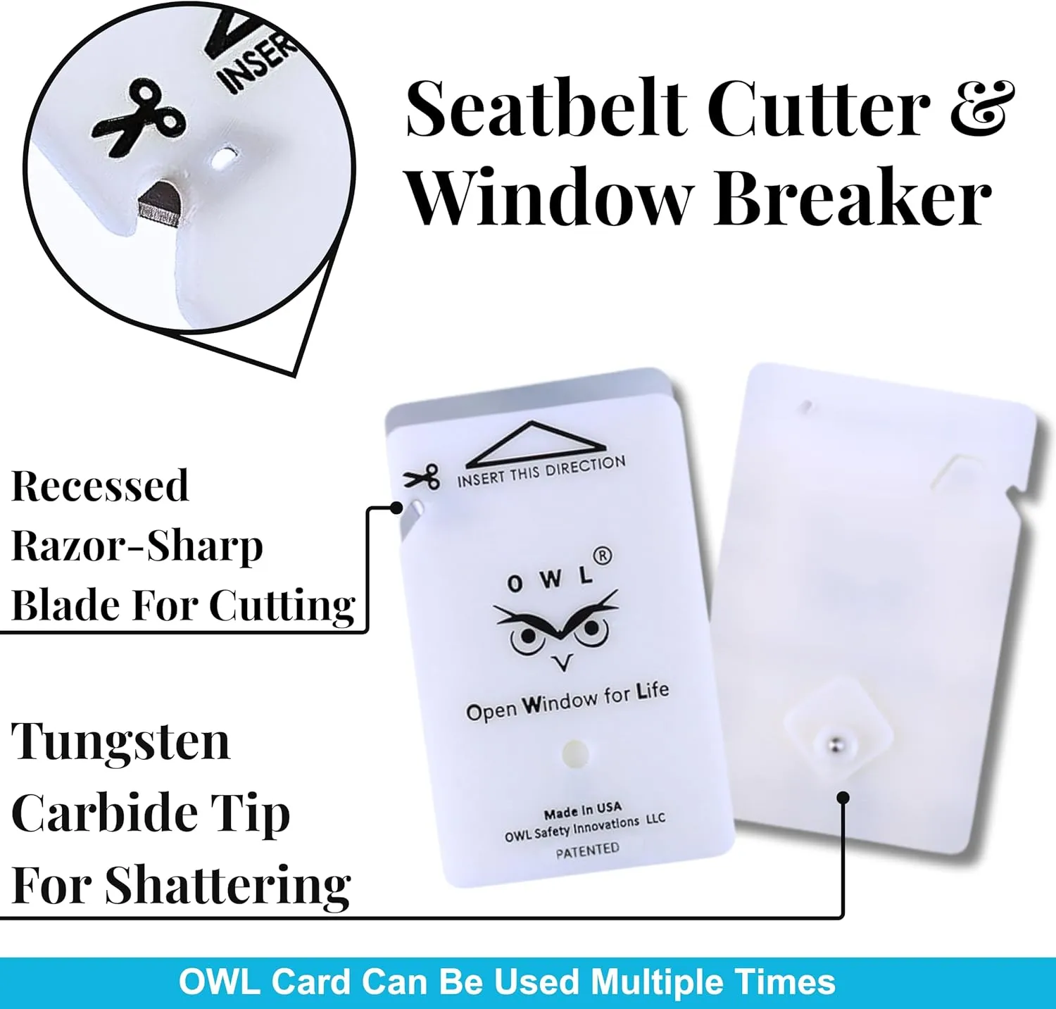 OWL The Only Flat Car Window Glass Breaker & Seatbelt Cutter Card Emergency Escape Rescue Hammer Safety Life Saving Crash Survival Kit 2-in-1 Tool - Made in USA (4 Pack Red)