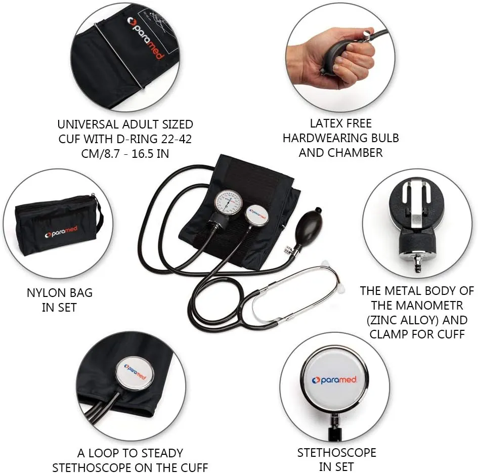 PARAMED Aneroid Sphygmomanometer with Stethoscope – Manual Blood Pressure Cuff with Universal Cuff 8.7-16.5" and D-Ring – Carrying Case in The kit – Black