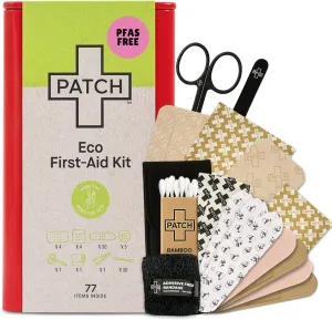 Patch Eco First Aid Kit, Assorted Hypoallergenic Adhesive Sizes Large and Small Bandages for Sensitive Skin, Essential Medical Supplies in a Reusable Tin, Latex Free, Sensitive Skin Bandages, 77 ct