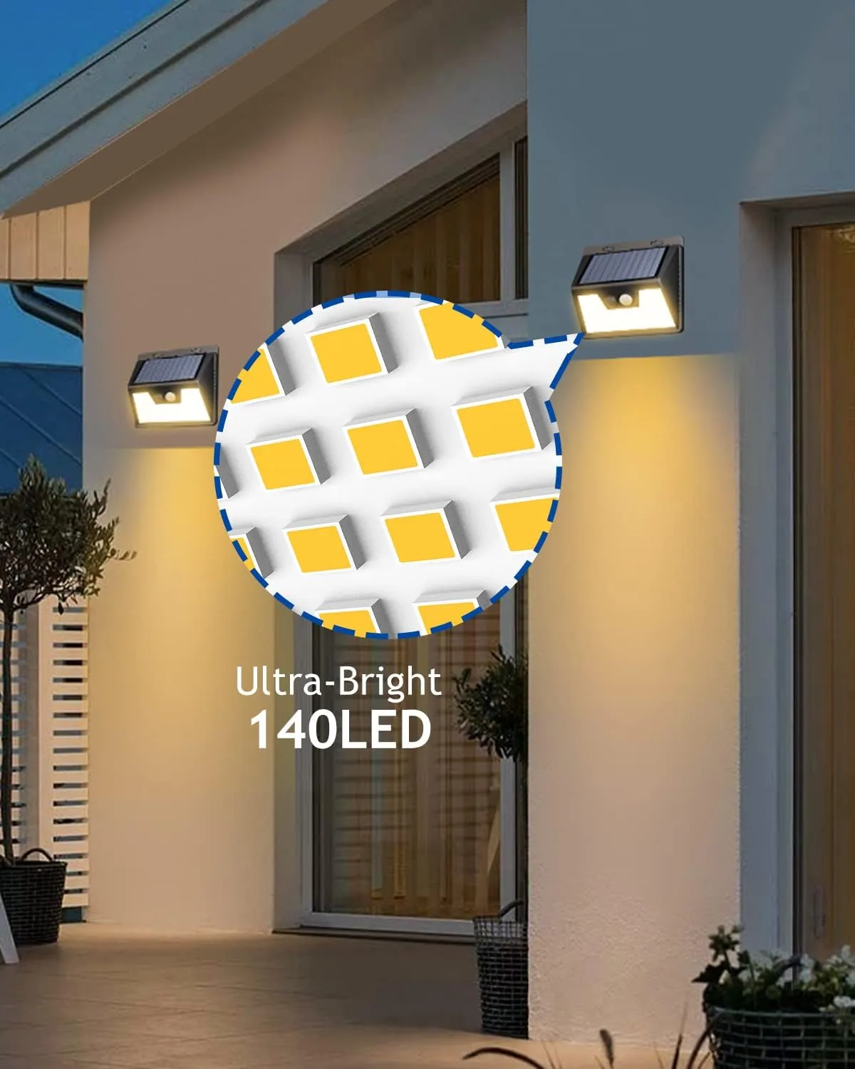 Peasur Solar Lights Outdoor Waterproof [6 Pack/140LED], Warm White Motion Sensor Lights Dusk to Dawn, 3 Modes Solar Fence Security Lighting for Wall Garden Yard Stair Outside