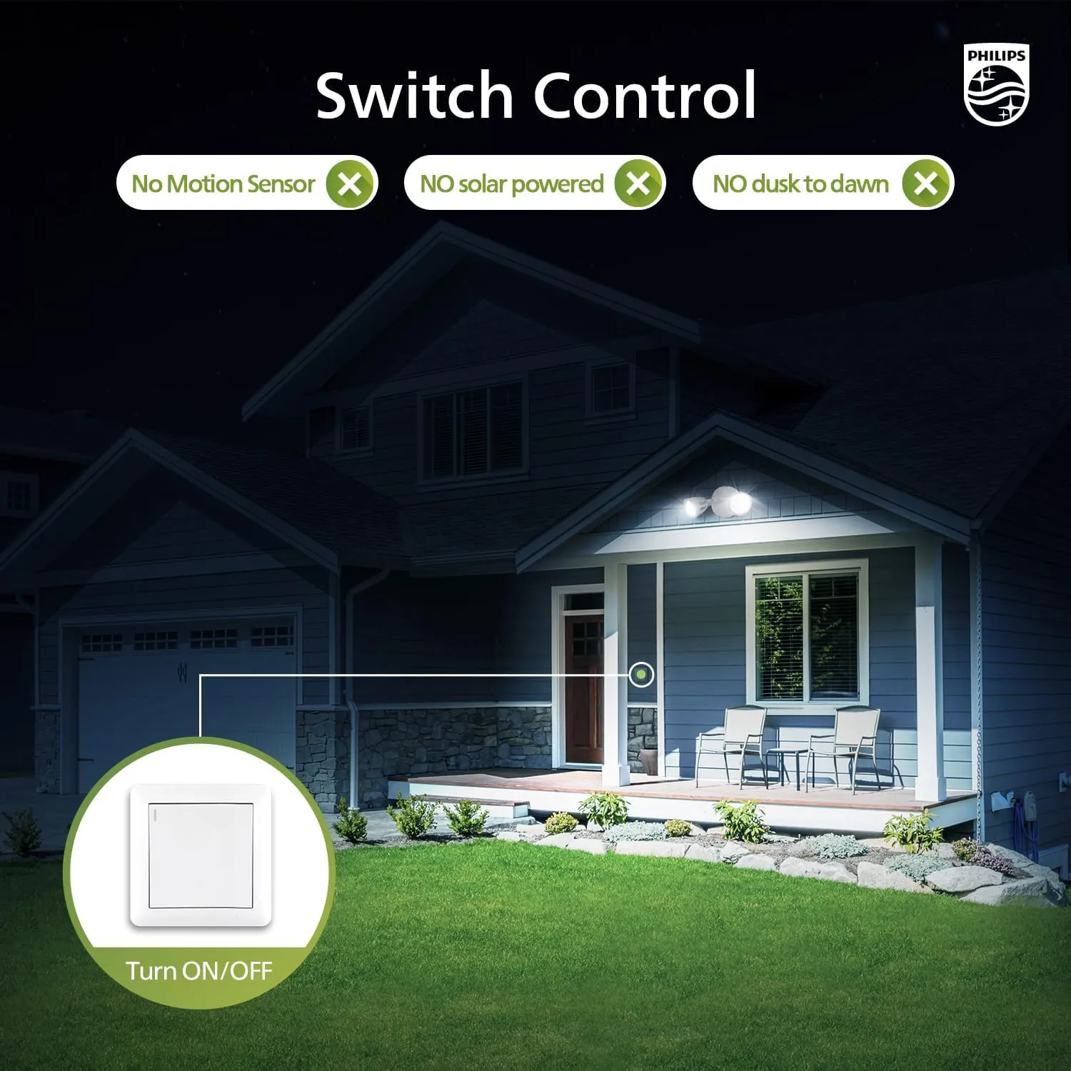 Philips 44W 3500LM ‌LED Security Flood Light‌ ‌Outdoor‌，Switch Controlled Aluminum ‌Security Light‌, 2 Adjustable Heads，5000K Daylight，Wet Location for Patio, Garden, Yard Lights (2 Packs)