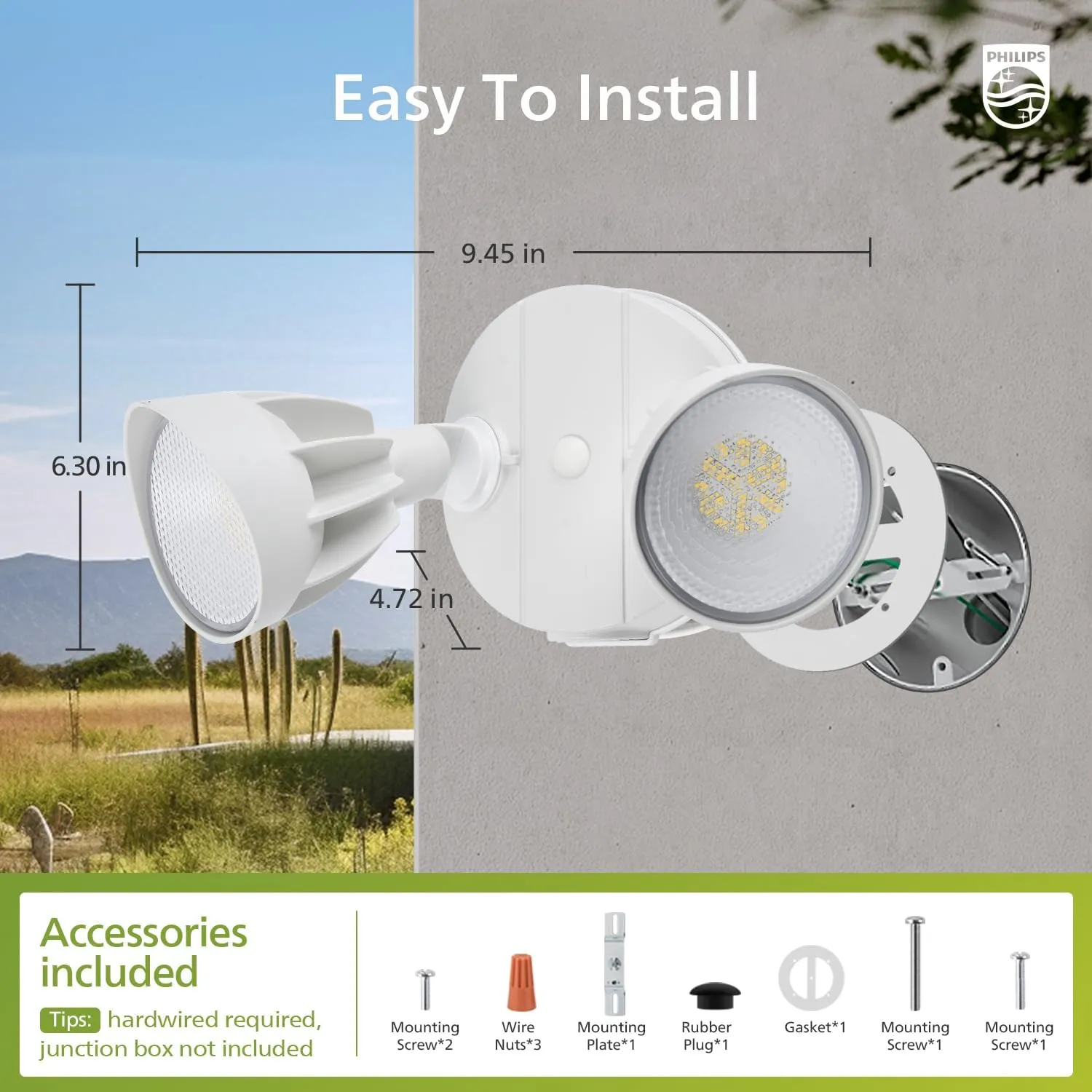 Philips 44W 3500LM ‌LED Security Flood Light‌ ‌Outdoor‌，Switch Controlled Aluminum ‌Security Light‌, 2 Adjustable Heads，5000K Daylight，Wet Location for Patio, Garden, Yard Lights (2 Packs)