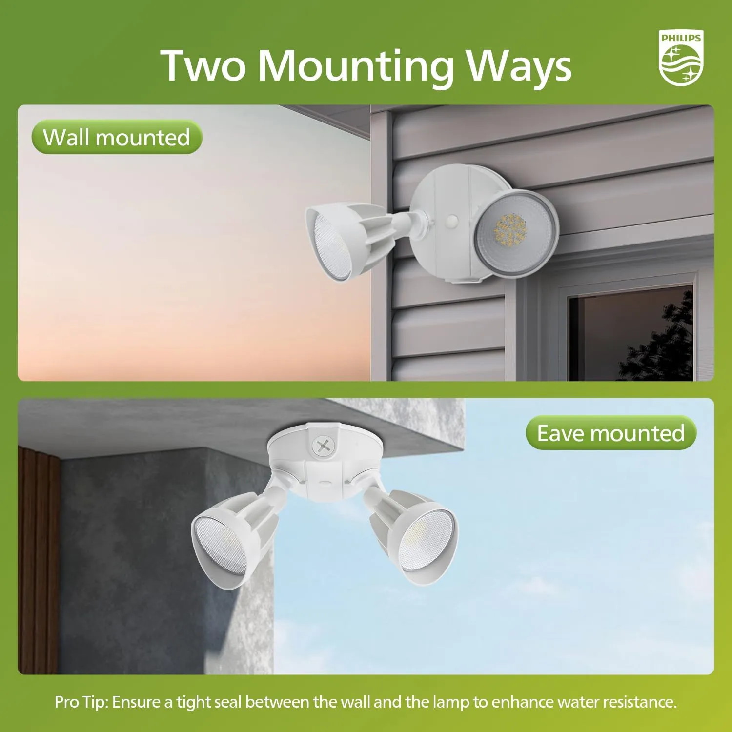 Philips 44W 3500LM ‌LED Security Flood Light‌ ‌Outdoor‌，Switch Controlled Aluminum ‌Security Light‌, 2 Adjustable Heads，5000K Daylight，Wet Location for Patio, Garden, Yard Lights (2 Packs)