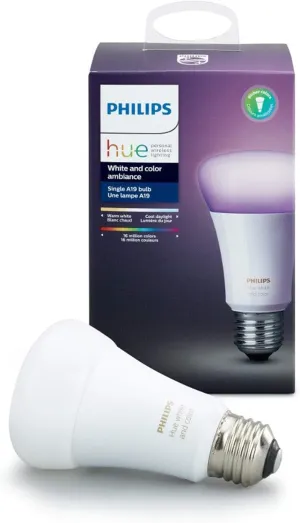 Philips Hue Single Premium A19 Smart Bulb, 16 million colors, for most lamps & overhead lights (Hue Hub Required, Works with Alexa), Old Version, White (464487)