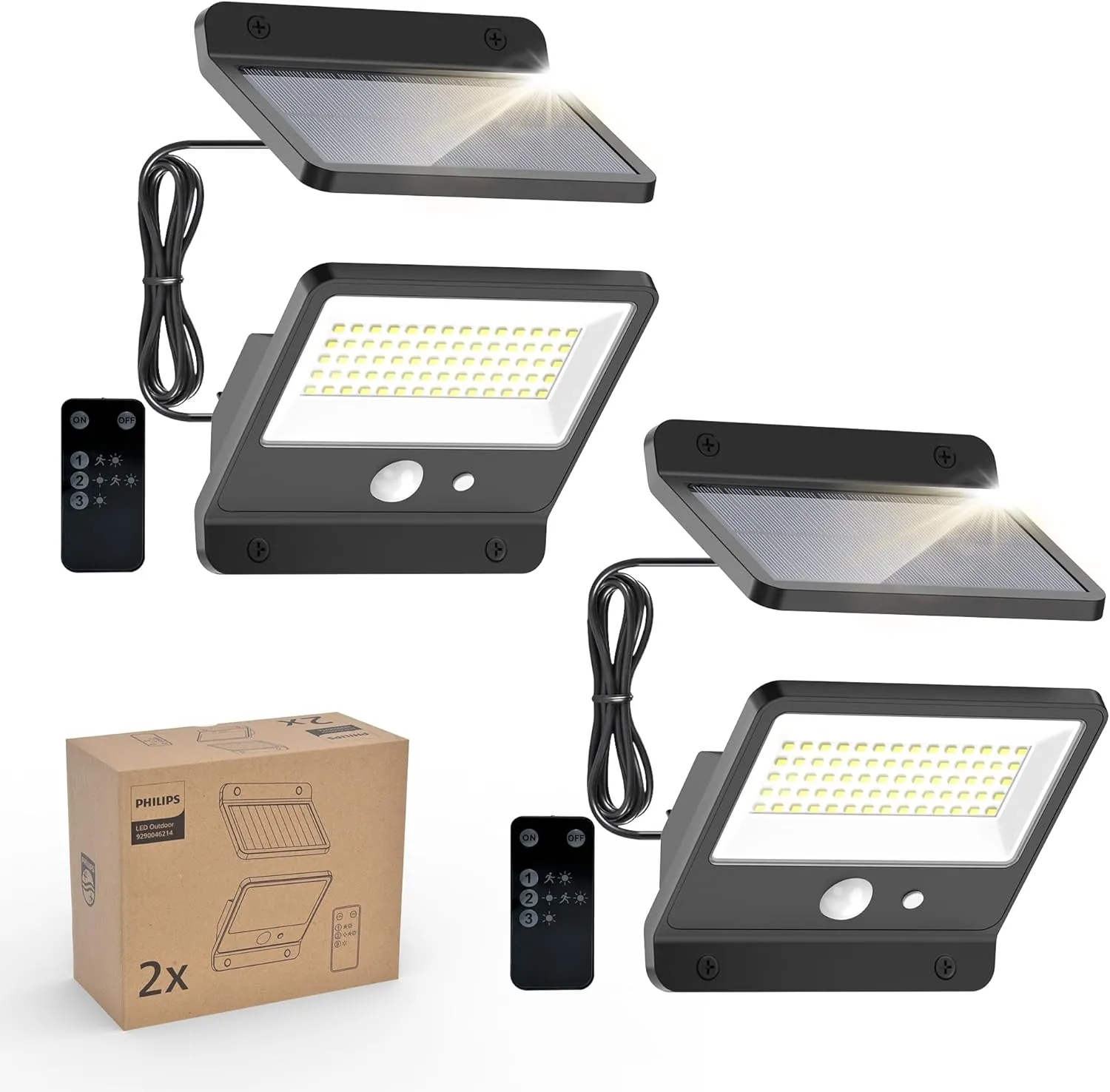 Philips Solar Security Light Outdoor LED 6500K, Solar-Powered Flood Light w/PIR Motion Sensor, Remote Control w/16ft Cable, IP65 Waterproof, 3 Modes (2)