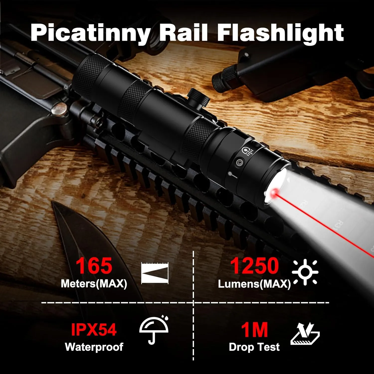 Picatinny Rifle Flashlight Light Laser Combo, 1250 Lumen Red Laser Sight and Light for AR, Tactical Gun Beam Weapon Flashlight, Remote Pressure Switch, USB C Rechargeable