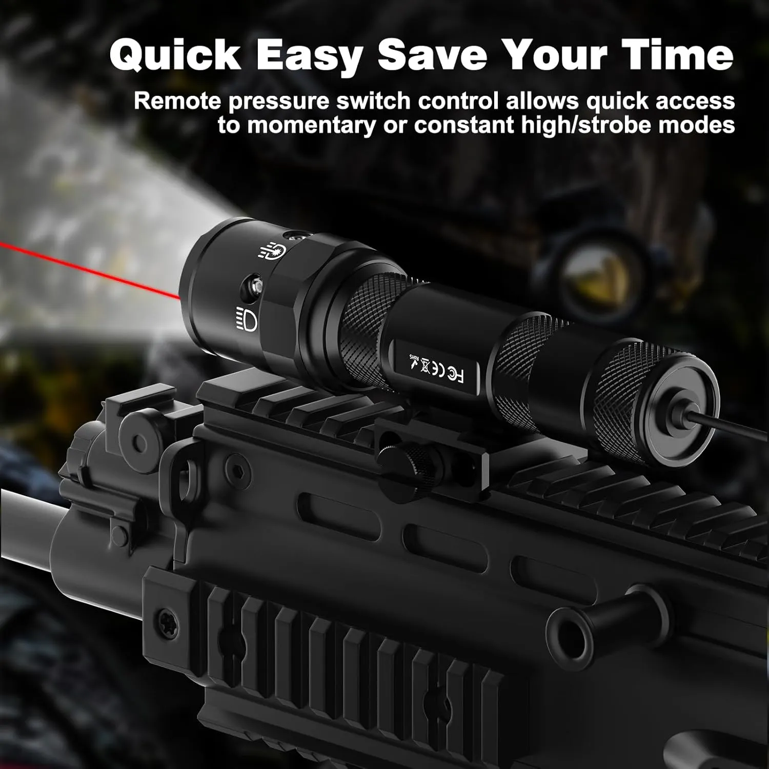 Picatinny Rifle Flashlight Light Laser Combo, 1250 Lumen Red Laser Sight and Light for AR, Tactical Gun Beam Weapon Flashlight, Remote Pressure Switch, USB C Rechargeable