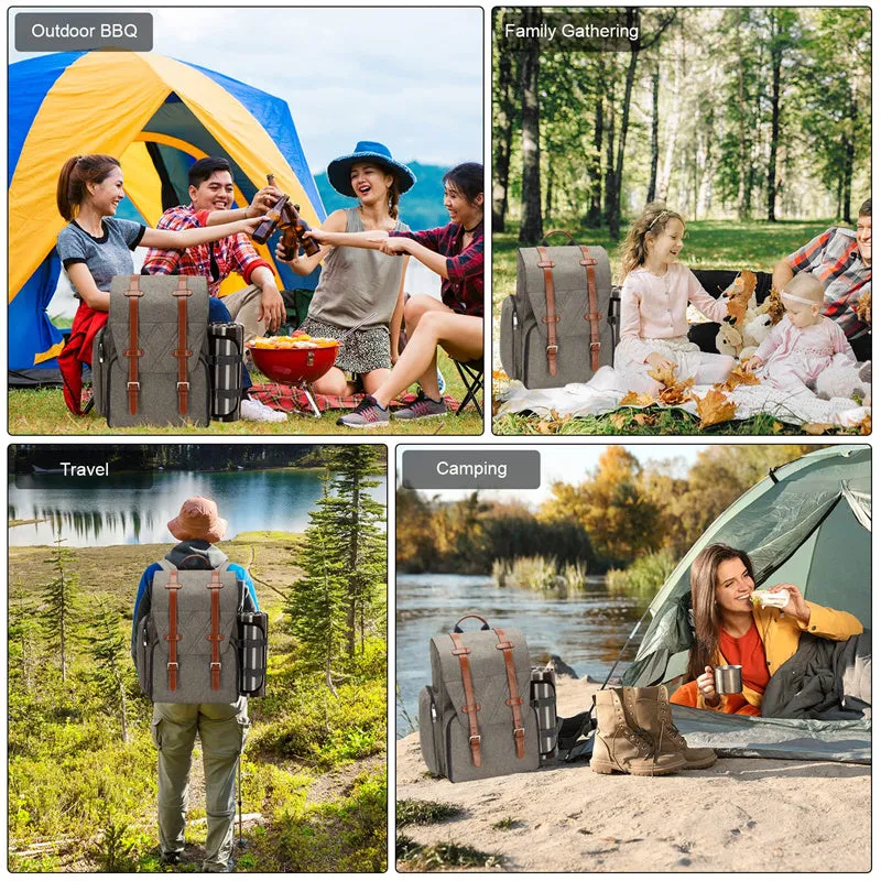 Picnic Backpack for 4 Person with Large Insulated Cooler Bag-Beige