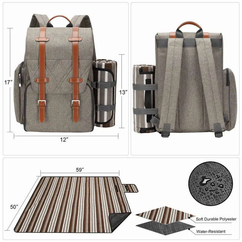 Picnic Backpack for 4 Person with Large Insulated Cooler Bag-Beige