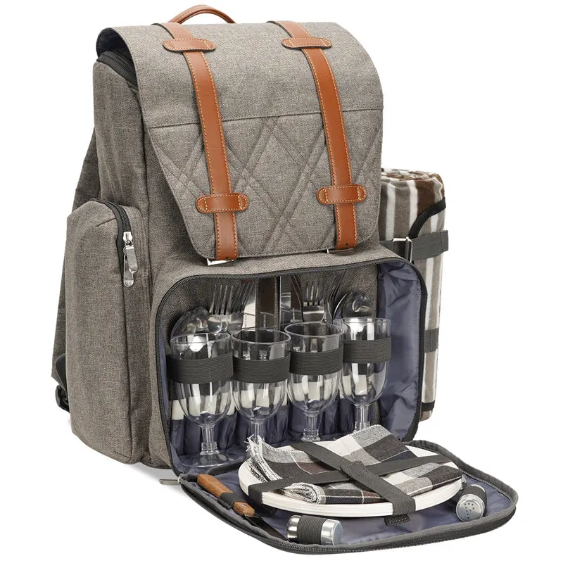 Picnic Backpack for 4 Person with Large Insulated Cooler Bag-Beige