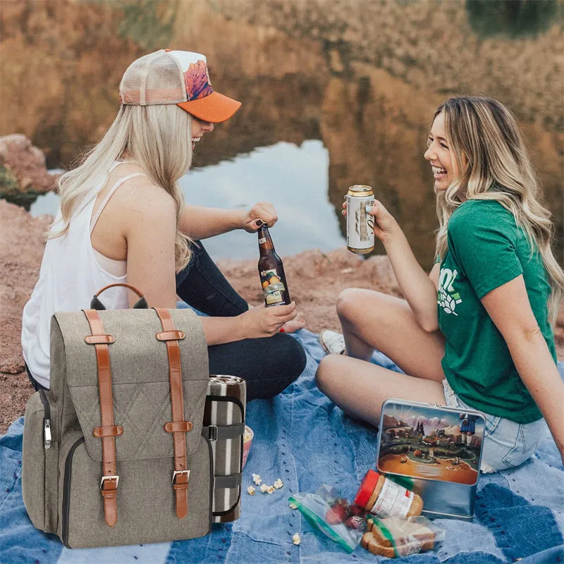 Picnic Backpack for 4 Person with Large Insulated Cooler Bag-Beige