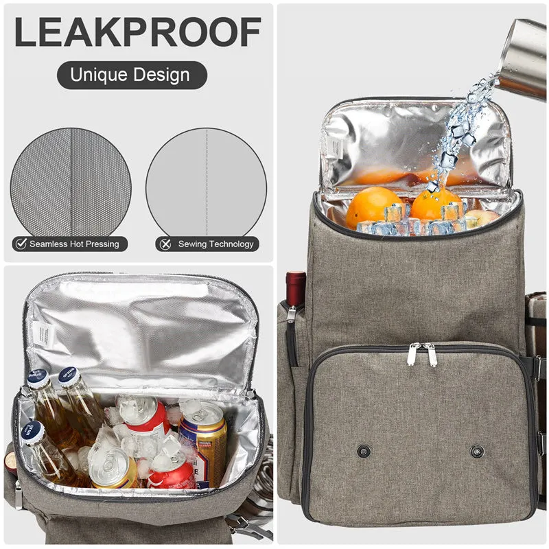 Picnic Backpack for 4 Person with Large Insulated Cooler Bag-Beige