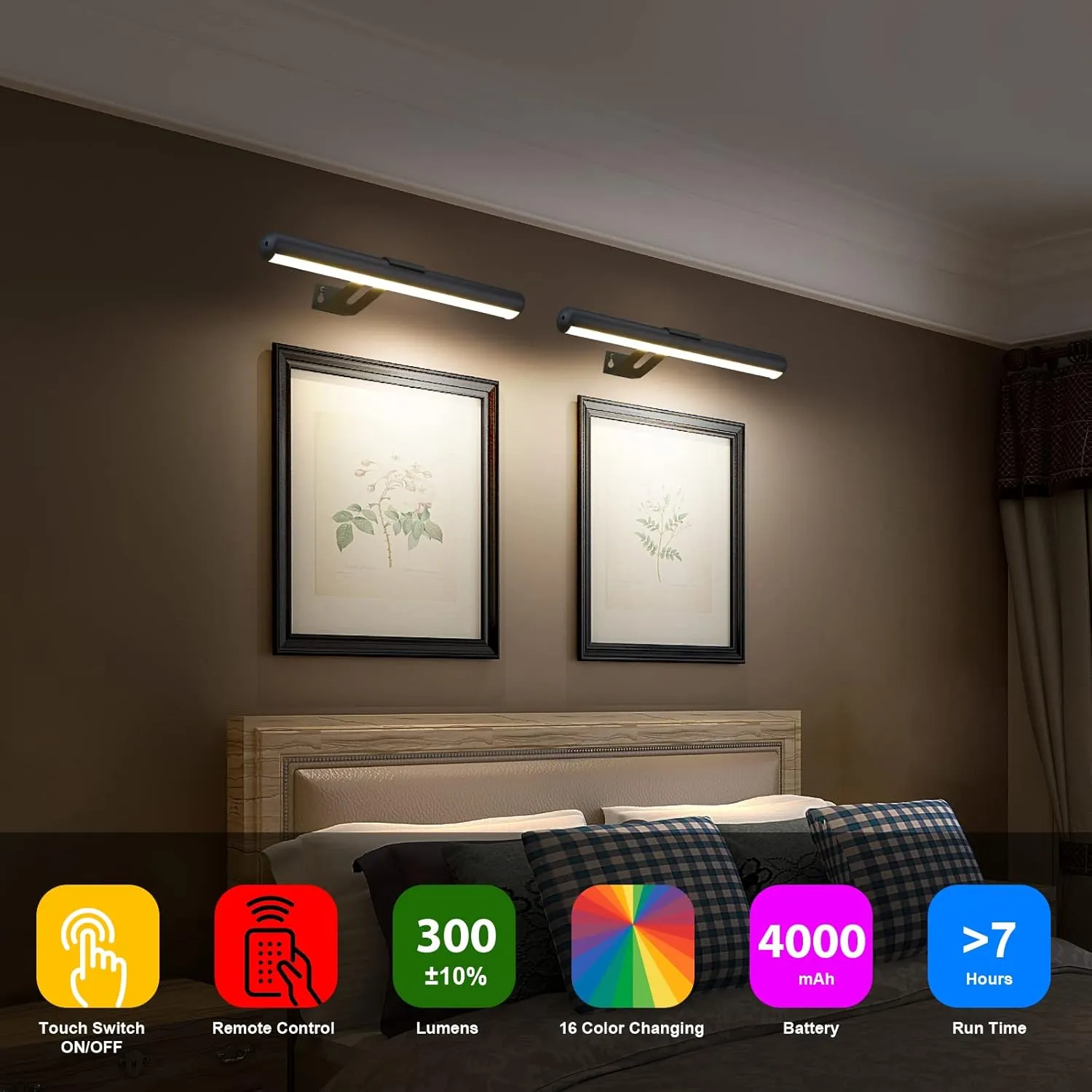 Picture Light Battery Operated, Picture Lights for Wall, Wireless Picture Light with 2 Remotes, Picture Light for Paintings, 32 LED, 16 Color Changing, Dartboard Light with 2 Base-Grey