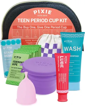 Pixie Cup Teen Menstrual Cup Kit - Best First Period Cup Starter Kit - Wash, 20 Wipes, Lube, Public Restroom Carry Cup & Storage Bag - Proven to Be What You Need to Become A Successful Cup User