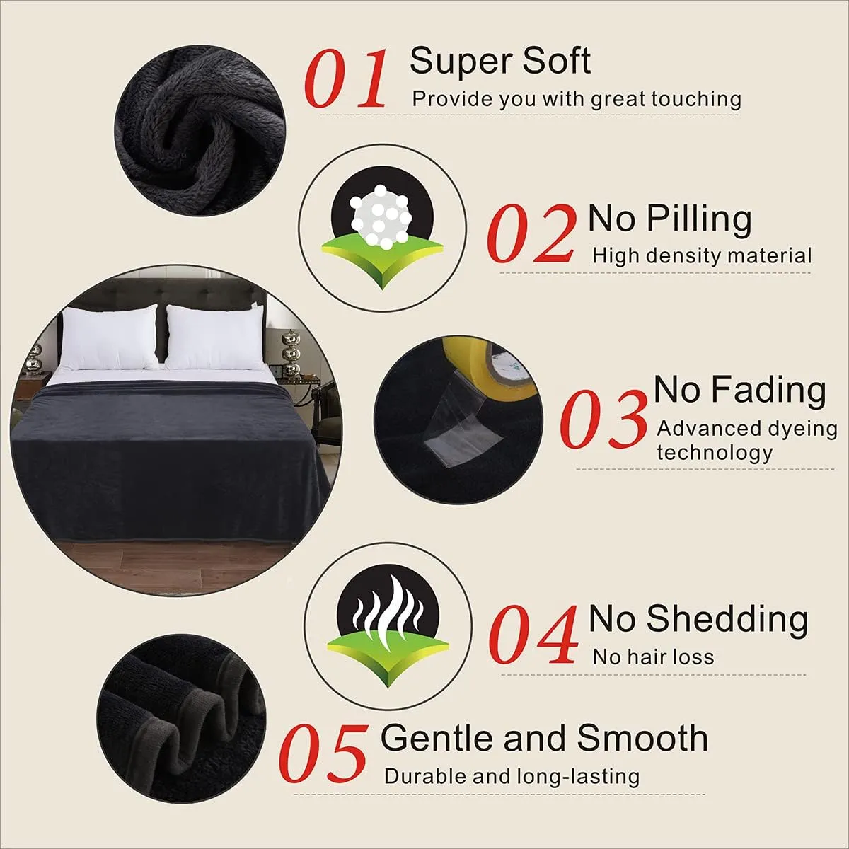 Polar Fleece Blanket Queen Size 350GSM Lightweight Throw for The Bed Extra Soft Brush Fabric Super Warm Sofa Blanket 90" x 90"(Black Queen)