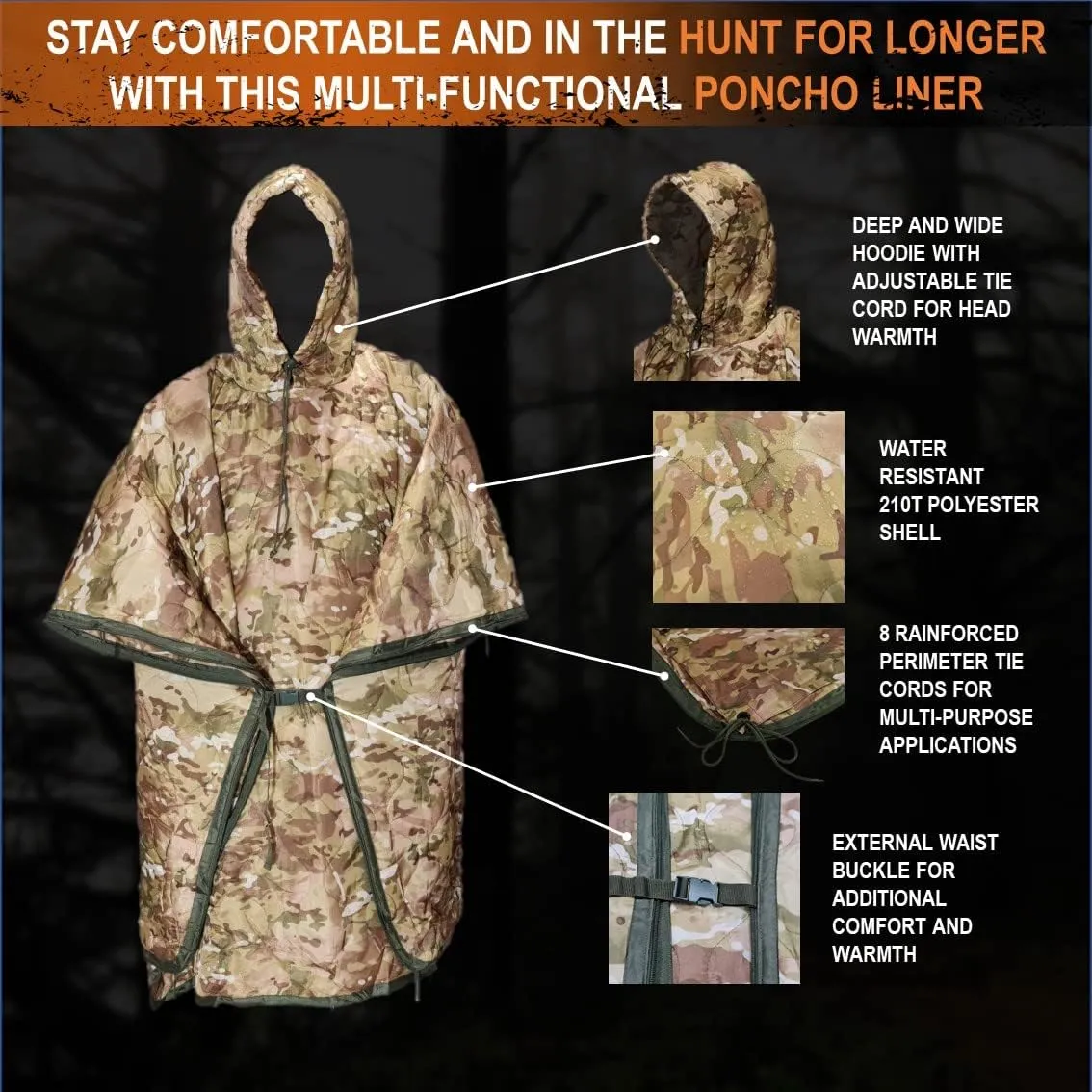 PONCHO LINER Military Woobie Blanket w/Hoodie. Great w/Rain Ponchos and can use as Camping Quilt, Sleeping Bag and Shelter
