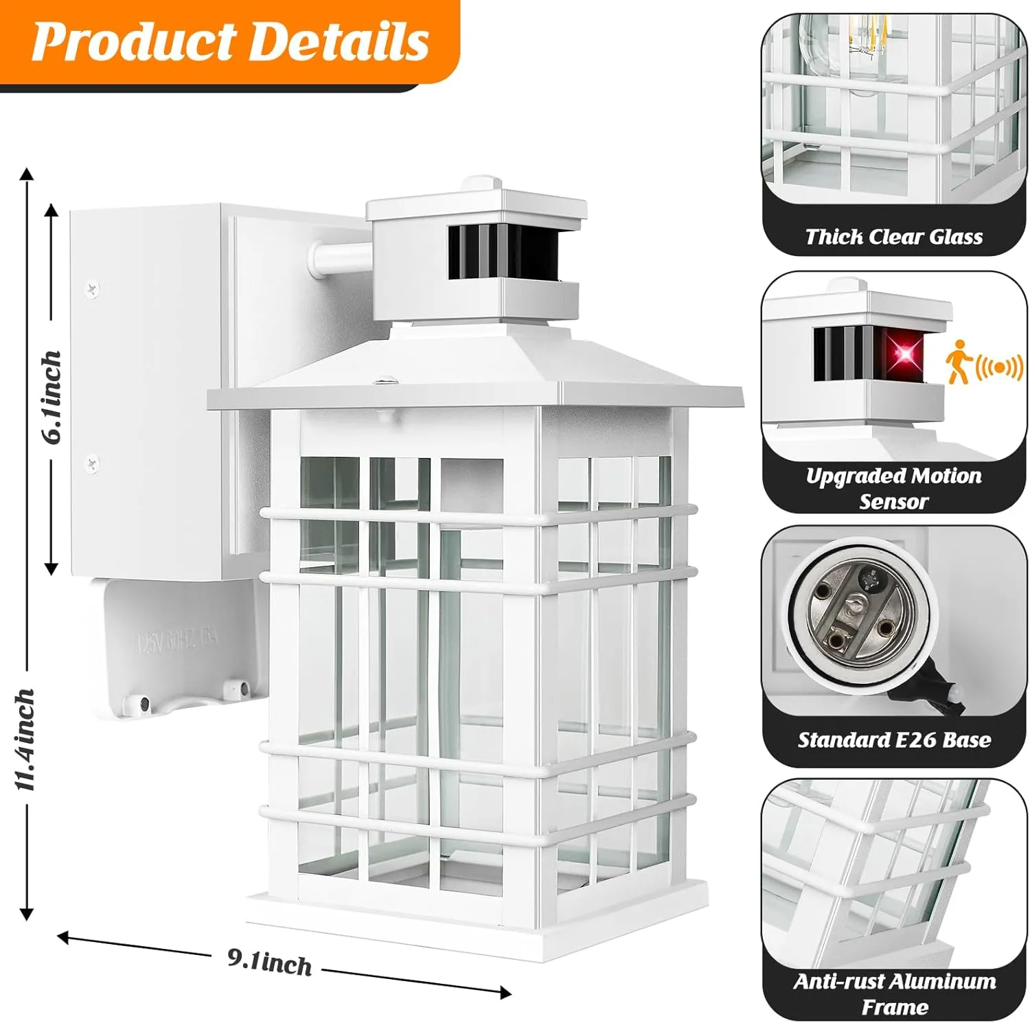 Porch Light with GFCI Outlets Built-in, Motion Sensor Dusk to Dawn Outdoor Light Fixture Wall Lantern, Aluminum Anti-rust Outside Wall Sconce Front Door, White Exterior Wall Light for Patio Garage