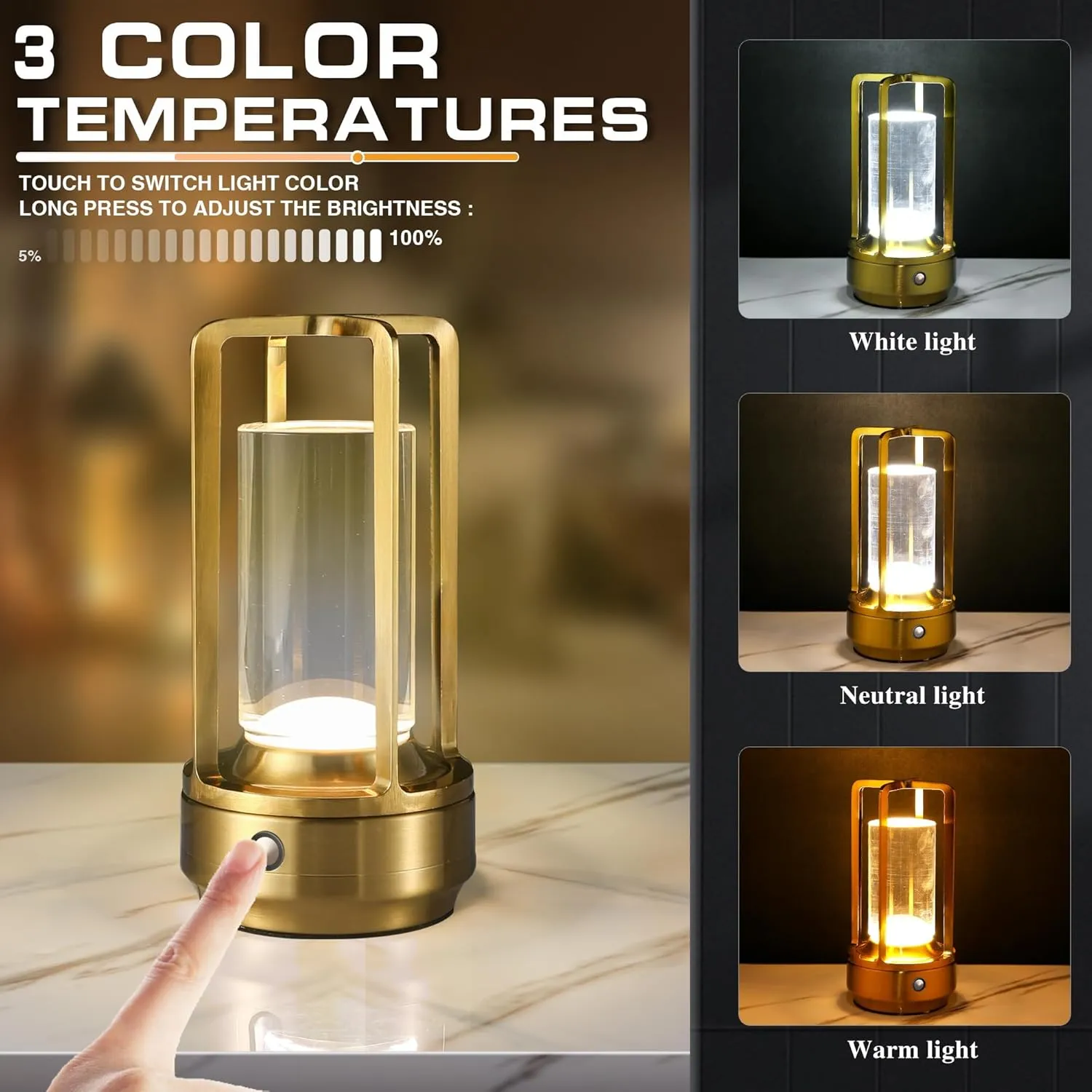 Portable Cordless Table Lamp，LED Desk Lamp with Touch Control，3-Colour Infinitely Dimming Rechargeable Battery Powered Dimming LED Lighting for strange/Restaurant/Bedroom/Bar/Outdoor Party（Golden）