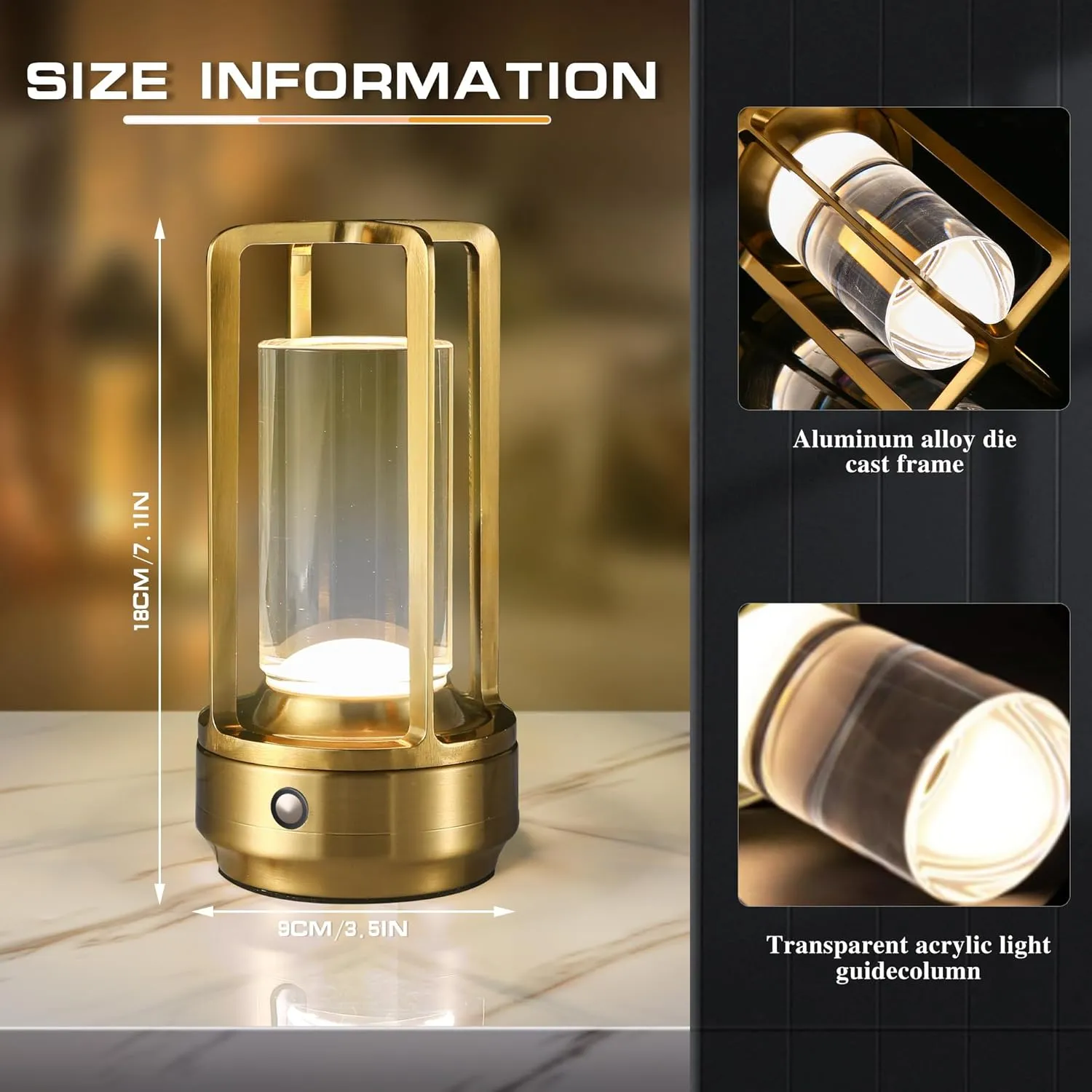 Portable Cordless Table Lamp，LED Desk Lamp with Touch Control，3-Colour Infinitely Dimming Rechargeable Battery Powered Dimming LED Lighting for strange/Restaurant/Bedroom/Bar/Outdoor Party（Golden）