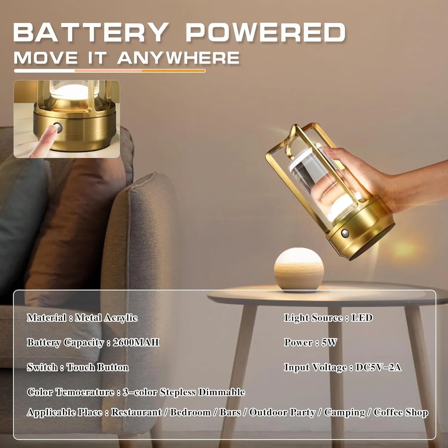 Portable Cordless Table Lamp，LED Desk Lamp with Touch Control，3-Colour Infinitely Dimming Rechargeable Battery Powered Dimming LED Lighting for strange/Restaurant/Bedroom/Bar/Outdoor Party（Golden）