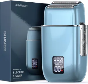 Portable Electric Razor for Men: Foil Shaver for Beard/Face - LED Display USB-C Fast Rechargeable - IPX7 Waterproof for Travel & Home - Light Blue