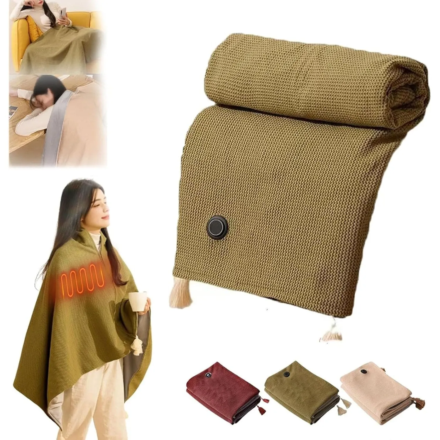 Portable Heated Shawl, Portable Soft Zipper Electric Heated Blanket Shawl, Heated Blanket USB Powered, Heated Blanket Portable, Electric Shawl 15s Fast Heating, Heated Shawl for Women (Apricot)