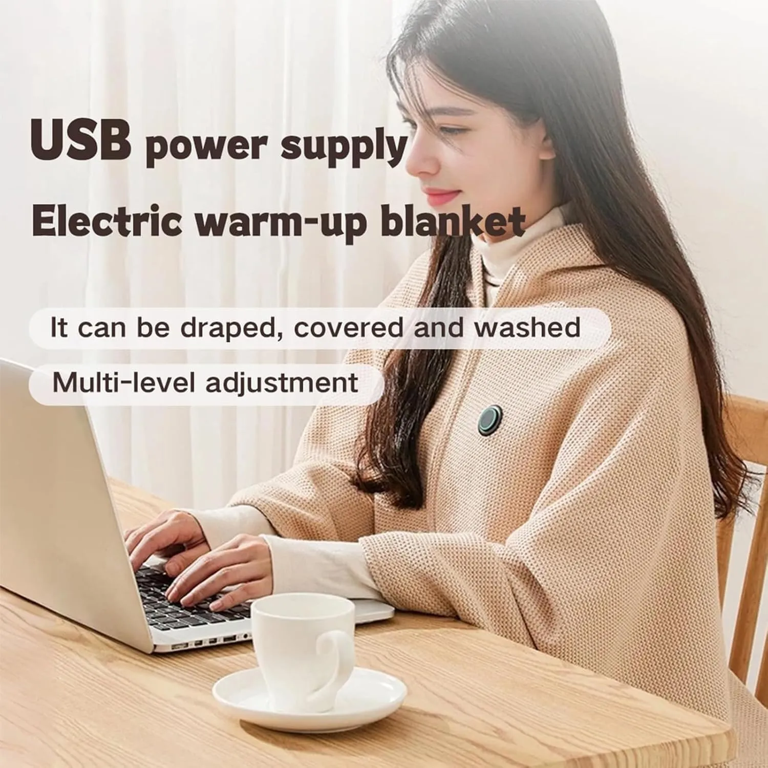 Portable Heated Shawl, Portable Soft Zipper Electric Heated Blanket Shawl, Heated Blanket USB Powered, Heated Blanket Portable, Electric Shawl 15s Fast Heating, Heated Shawl for Women (Apricot)