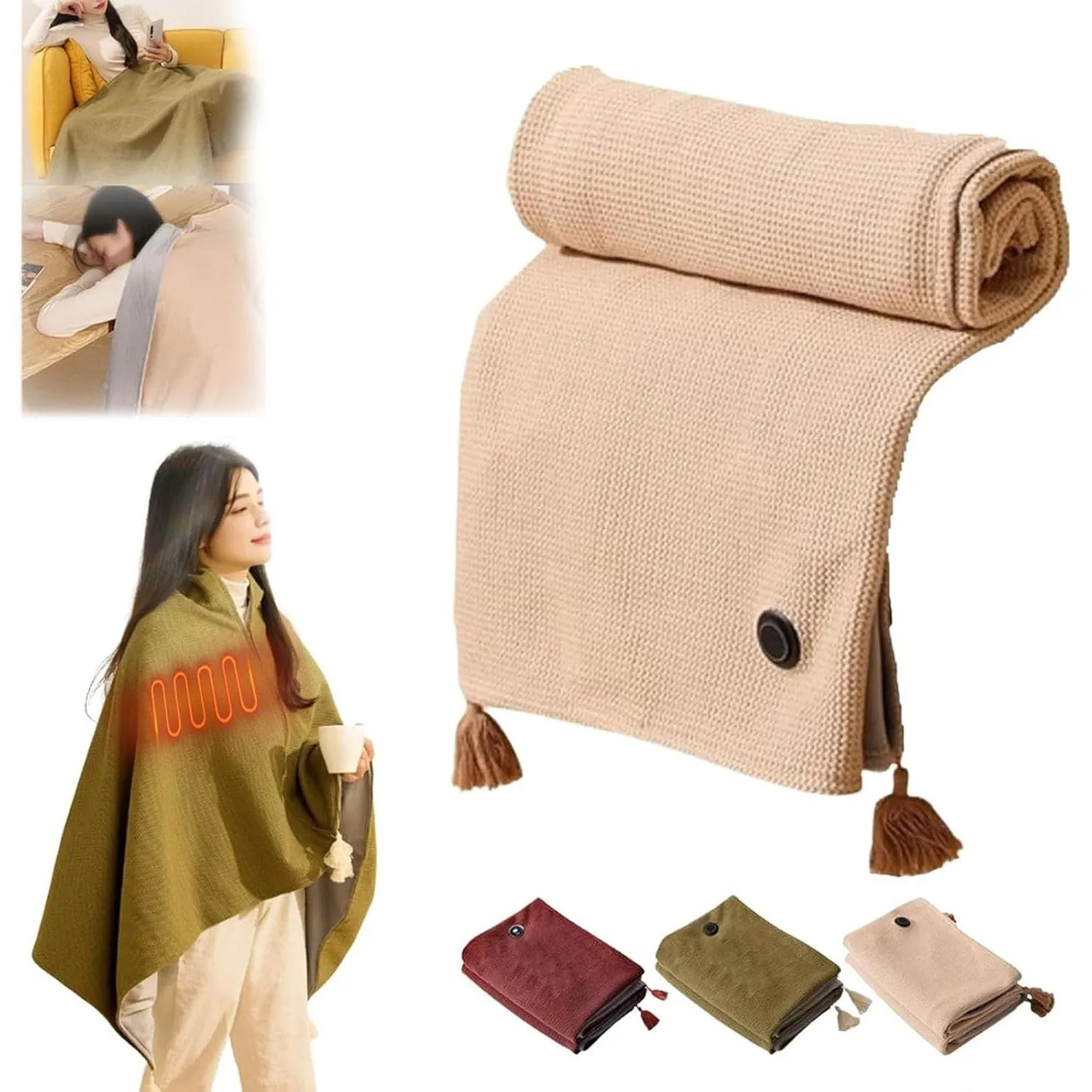 Portable Heated Shawl, Portable Soft Zipper Electric Heated Blanket Shawl, Heated Blanket USB Powered, Heated Blanket Portable, Electric Shawl 15s Fast Heating, Heated Shawl for Women (Apricot)