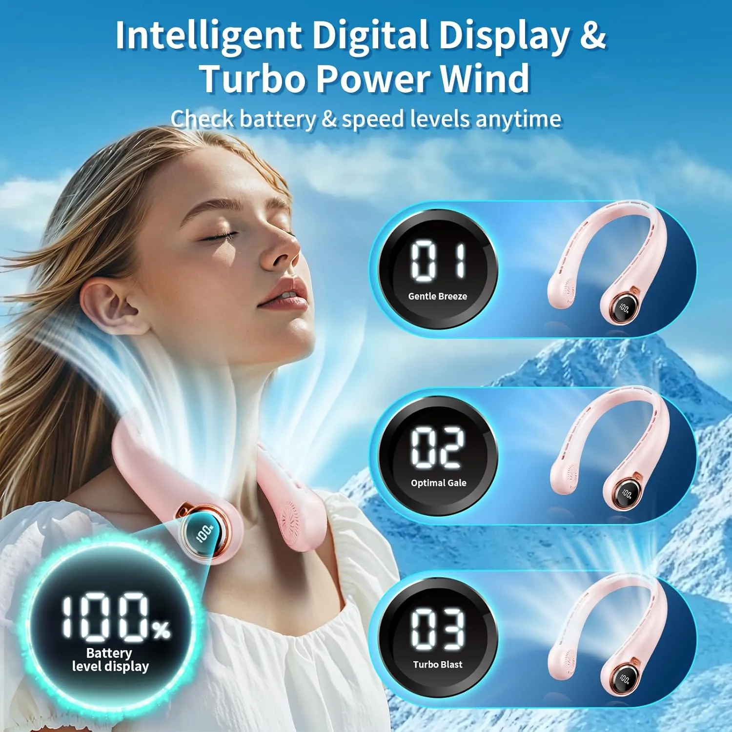 Portable Neck Fan with 6000mAh USB - Rechargeable Battery, Ultra-Light Bladeless Neck Fan LED Display, 360° Cooling Wearable Fan, 3 Speeds (Pink)