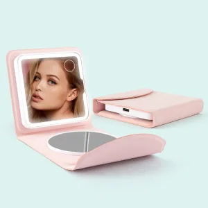 Portable Pink Double-Fold Makeup Mirror – 5X Magnification, Touch LED Light, Waterproof, Stepless Dimming, Rechargeablev