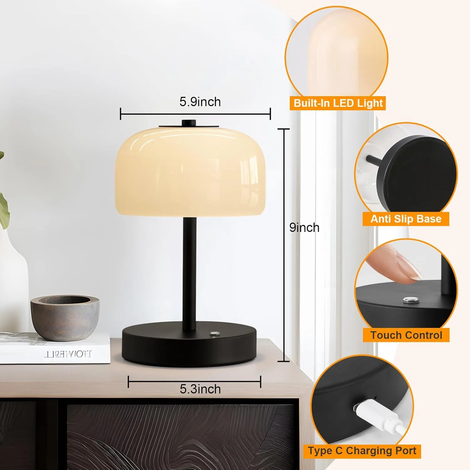 PORTRES Cordless Table Lamp Rechargeable Battery Operated Mushroom lamp Opal Glass Shade 3 Way Dimmable LED Touch Outdoor Lamp for Camping Bedroom Dining Living Room Beside Patio Restaurant