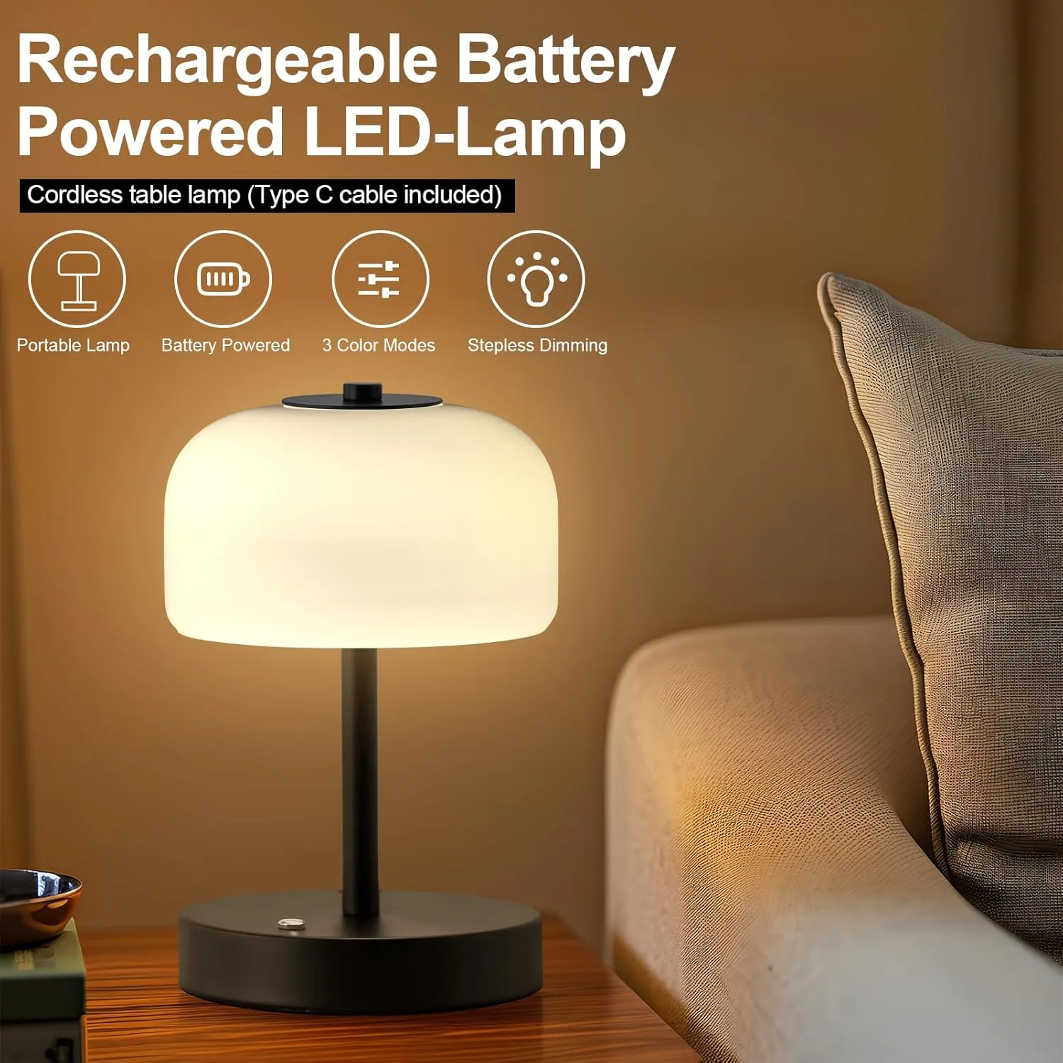 PORTRES Cordless Table Lamp Rechargeable Battery Operated Mushroom lamp Opal Glass Shade 3 Way Dimmable LED Touch Outdoor Lamp for Camping Bedroom Dining Living Room Beside Patio Restaurant