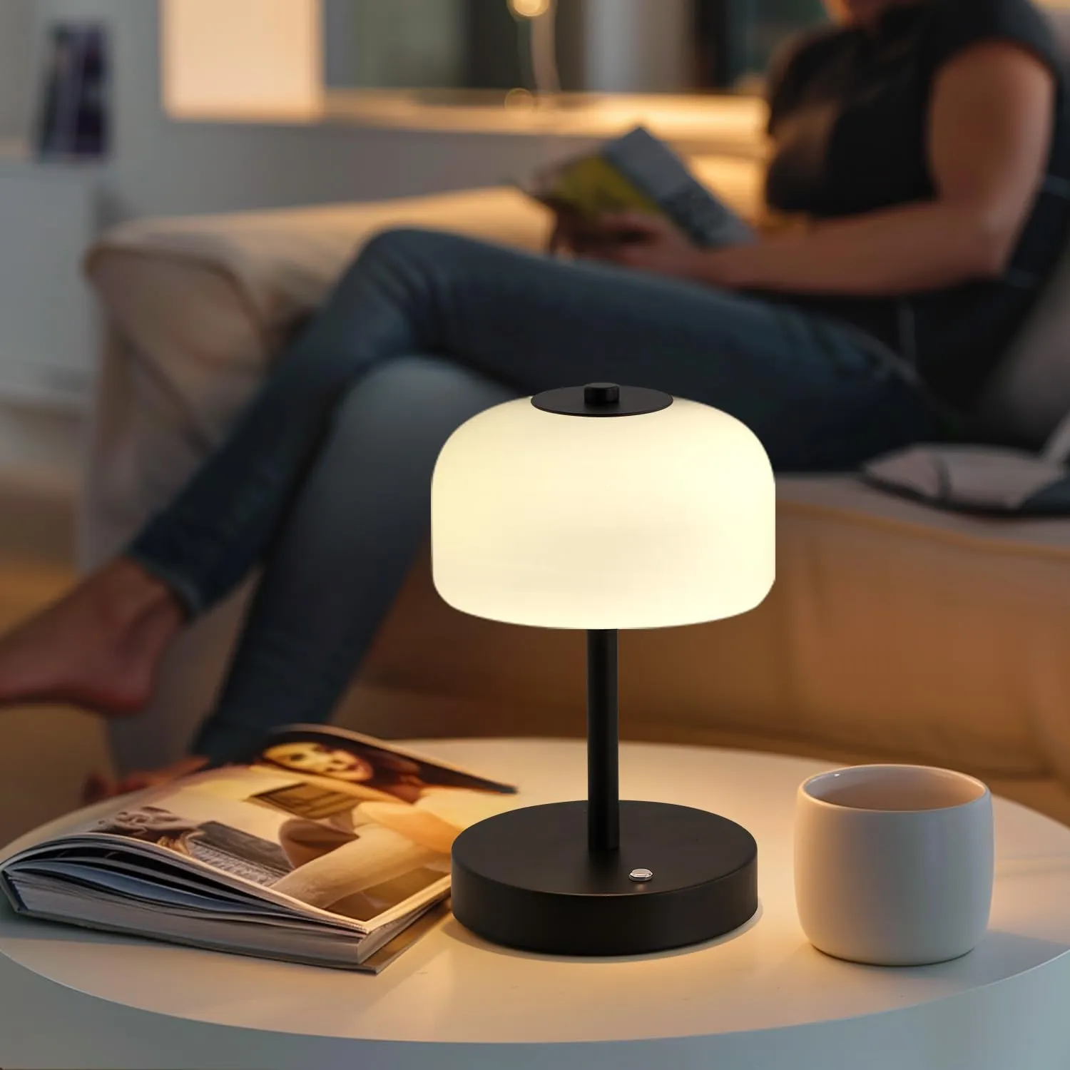 PORTRES Cordless Table Lamp Rechargeable Battery Operated Mushroom lamp Opal Glass Shade 3 Way Dimmable LED Touch Outdoor Lamp for Camping Bedroom Dining Living Room Beside Patio Restaurant