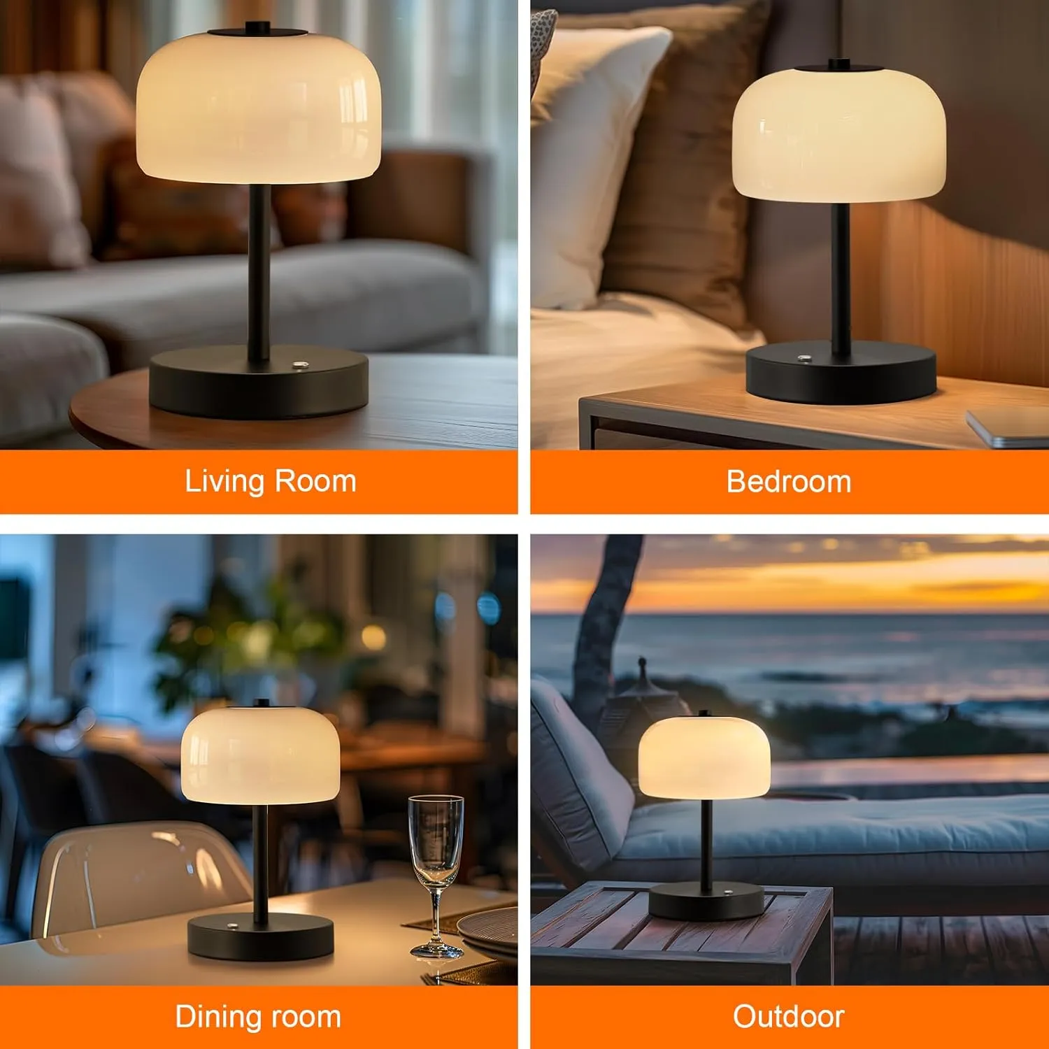 PORTRES Cordless Table Lamp Rechargeable Battery Operated Mushroom lamp Opal Glass Shade 3 Way Dimmable LED Touch Outdoor Lamp for Camping Bedroom Dining Living Room Beside Patio Restaurant